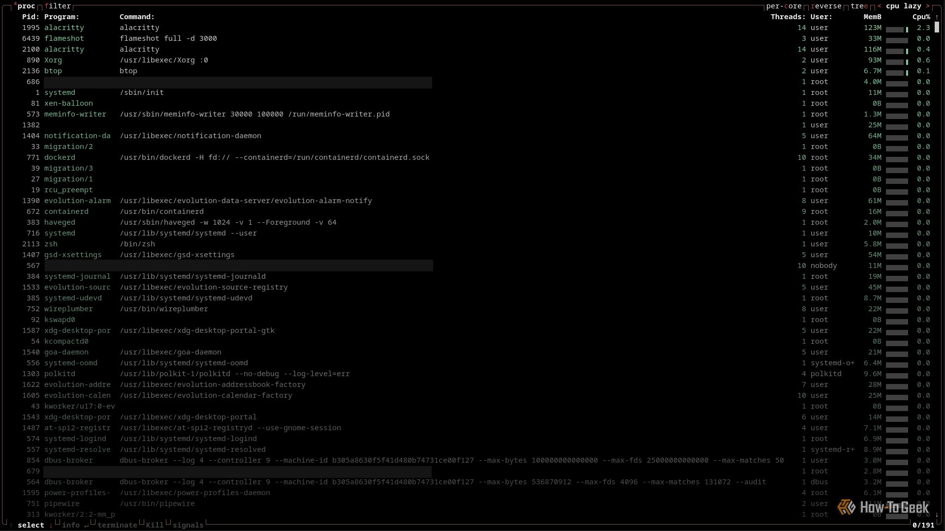 A terminal window is open with the btop utility showing all panes except the memory, network, and CPU panes.