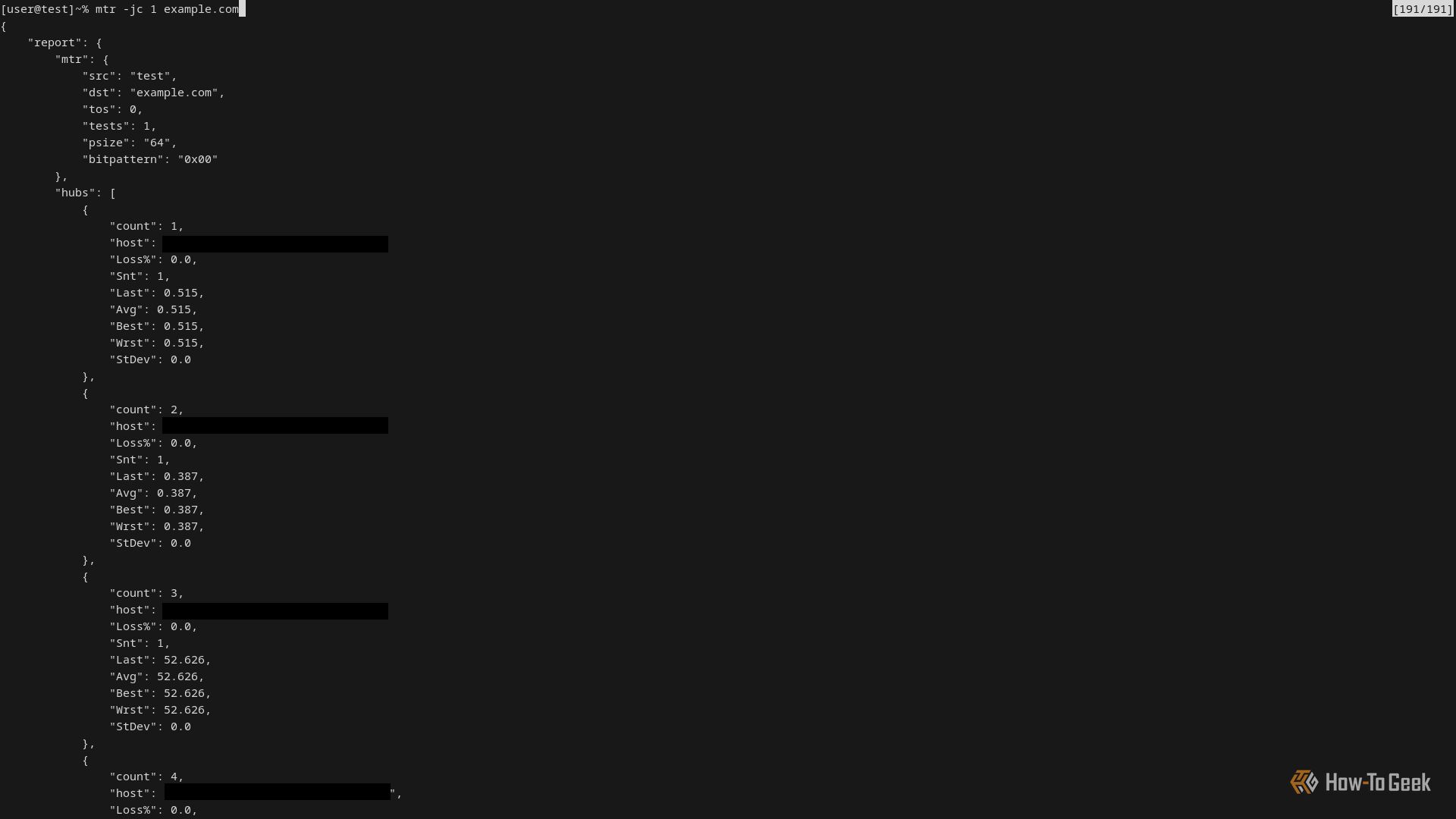 A terminal displays a report generated by the MTR utility. The screen displays a half dozen JSON items that represent probe data.