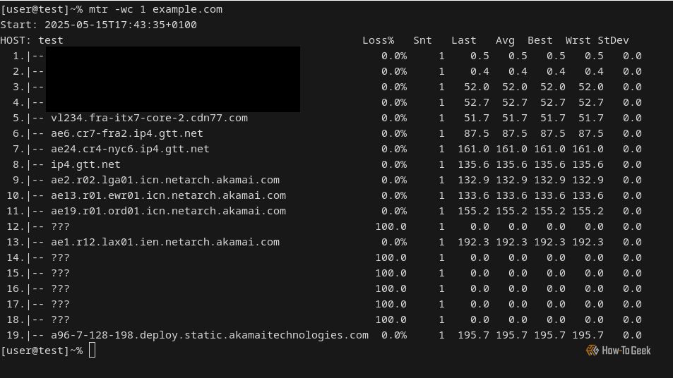 A terminal displays a table-based report generated by the MTR utility. The screen displays 19 table rows that represent probe data.