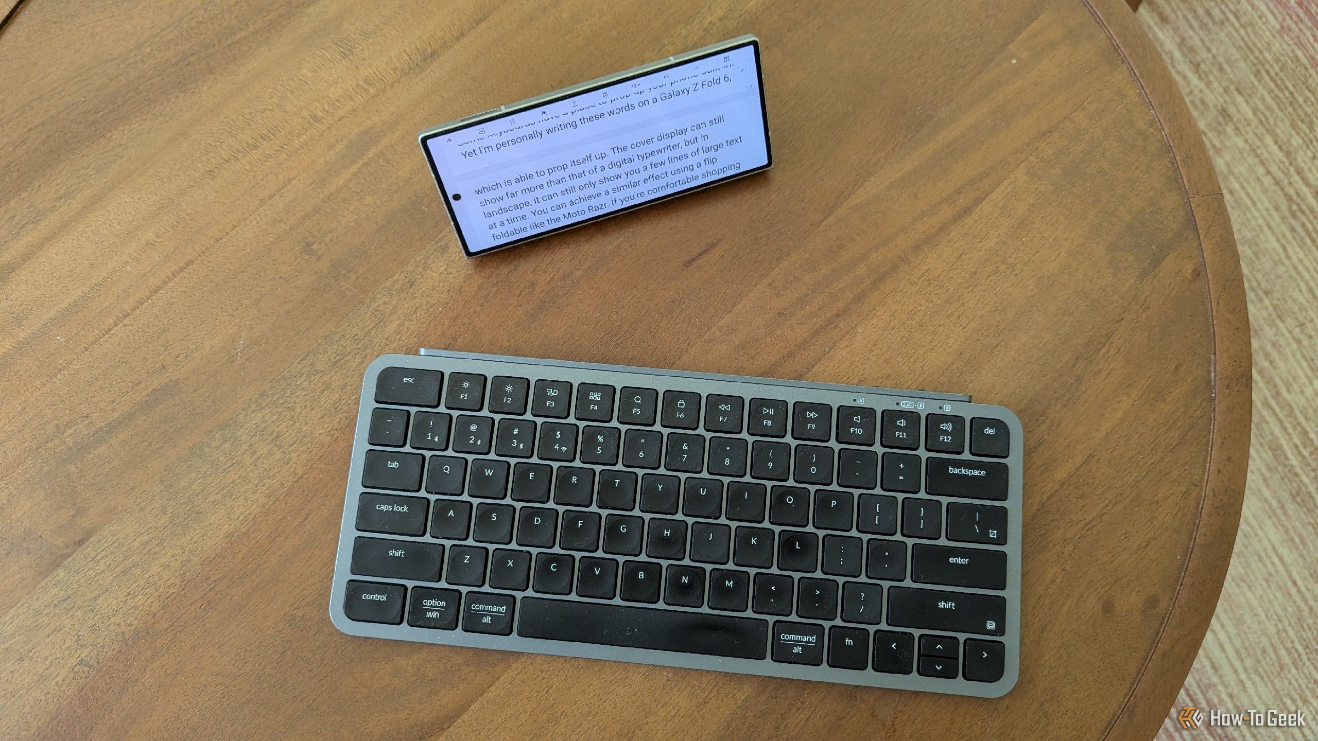 A Bluetooth keyboard paired to a Galaxy Z Fold 6.