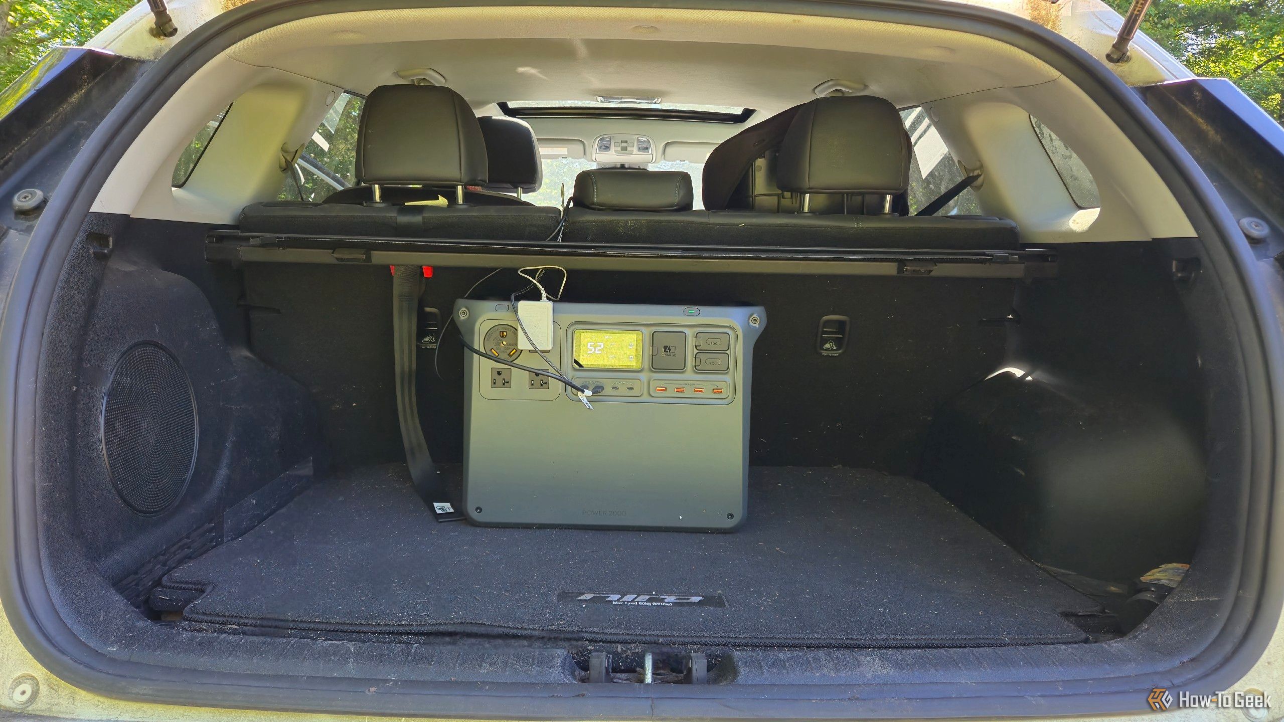 A DJI Power 2000 in the back of a Kia Niro EV.