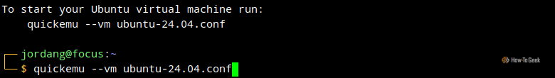 A Linux terminal showing the results of a quickget command fetching an Ubuntu image, with a command to launch the VM.