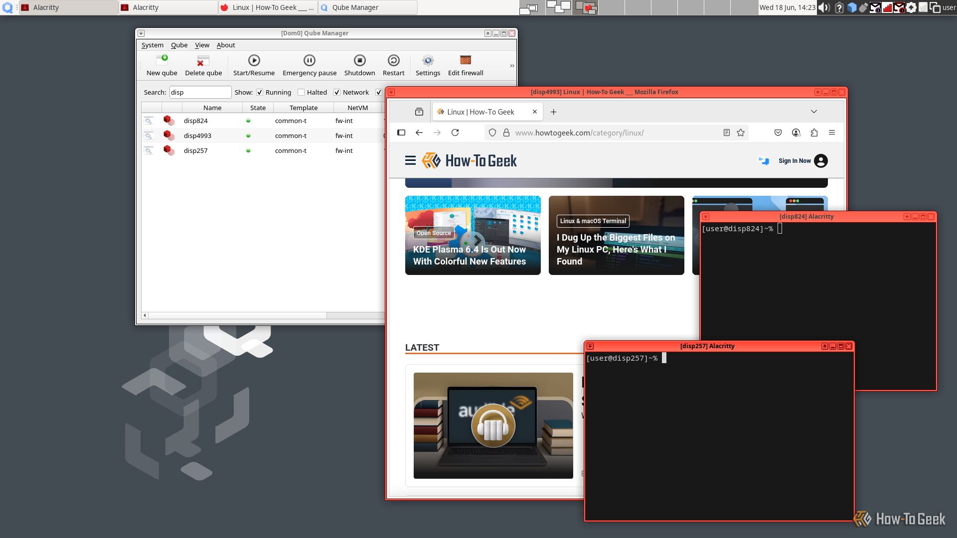 A Qubes desktop displays a browser and two terminal windows, all running in different disposable virtual machines. Another program displays a list of running disposable virtual machines.