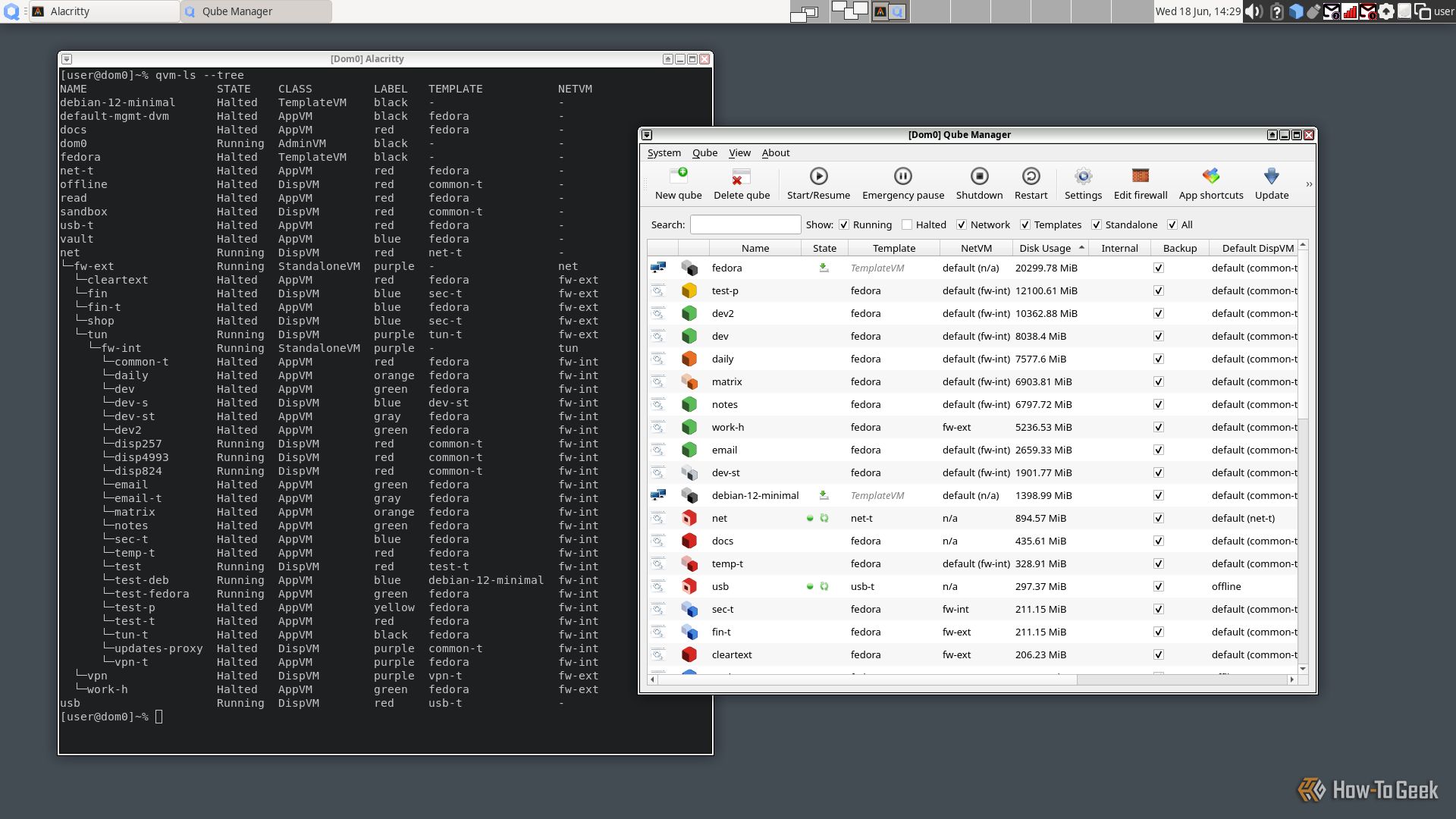 A Qubes desktop displays a terminal window and a program; both display a list of virtual machines.