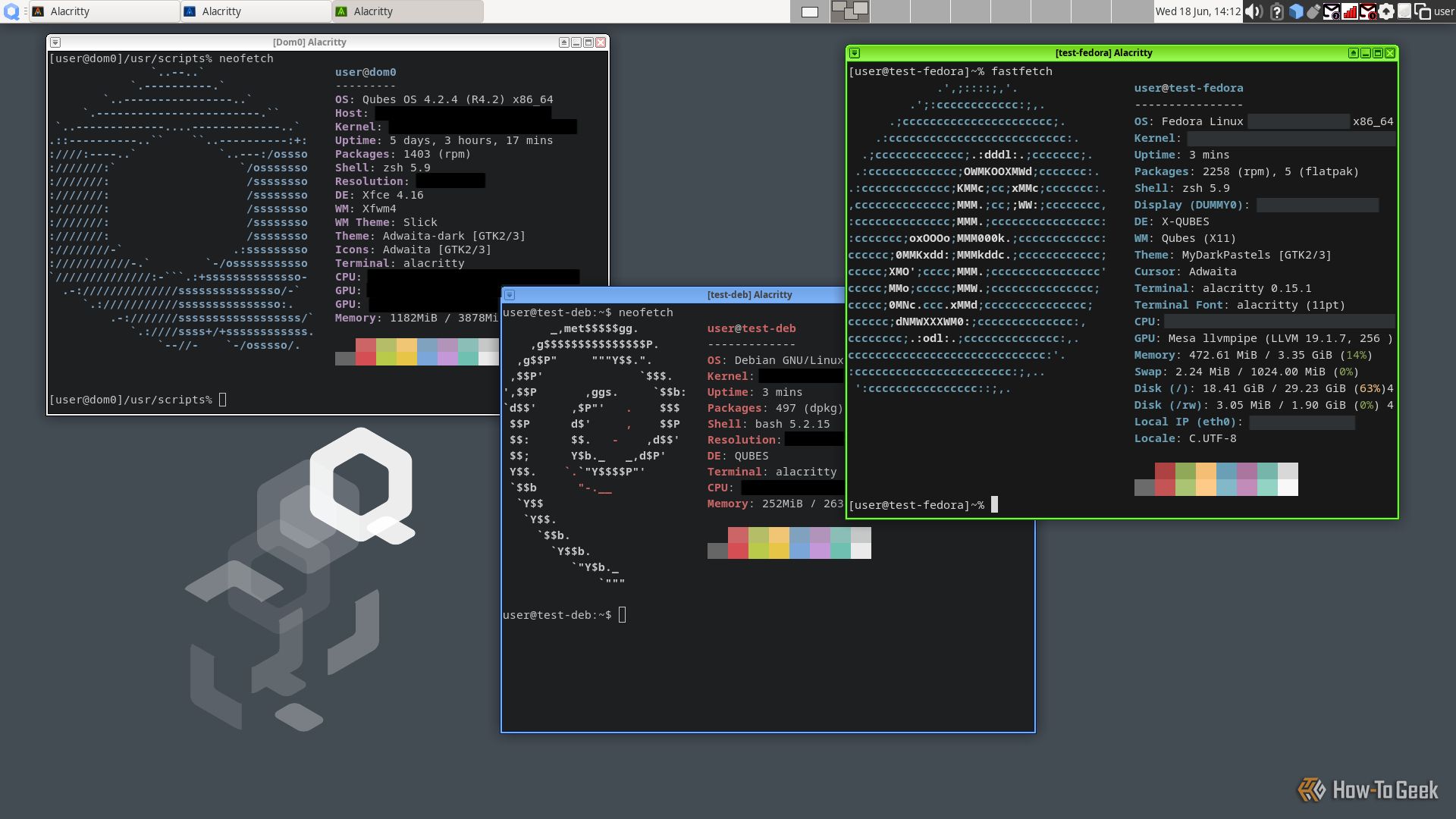 A Qubes desktop shows three terminal windows, each running in a different operating system: Qubes, Debian, and Fedora. In these terminal windows, it displays Neofetch information, which includes the distribution icon.