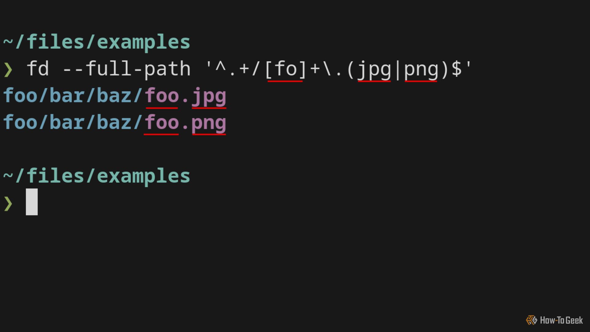 A terminal displays results from the fd command, which matches two searched file paths.