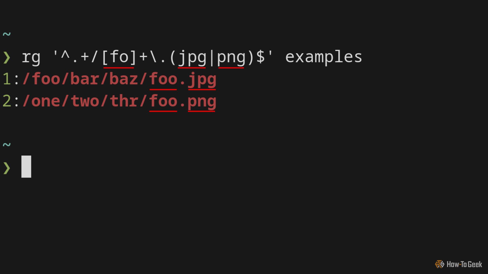 A terminal displays results from the ripgrep command. It searched a file and matched two file paths.