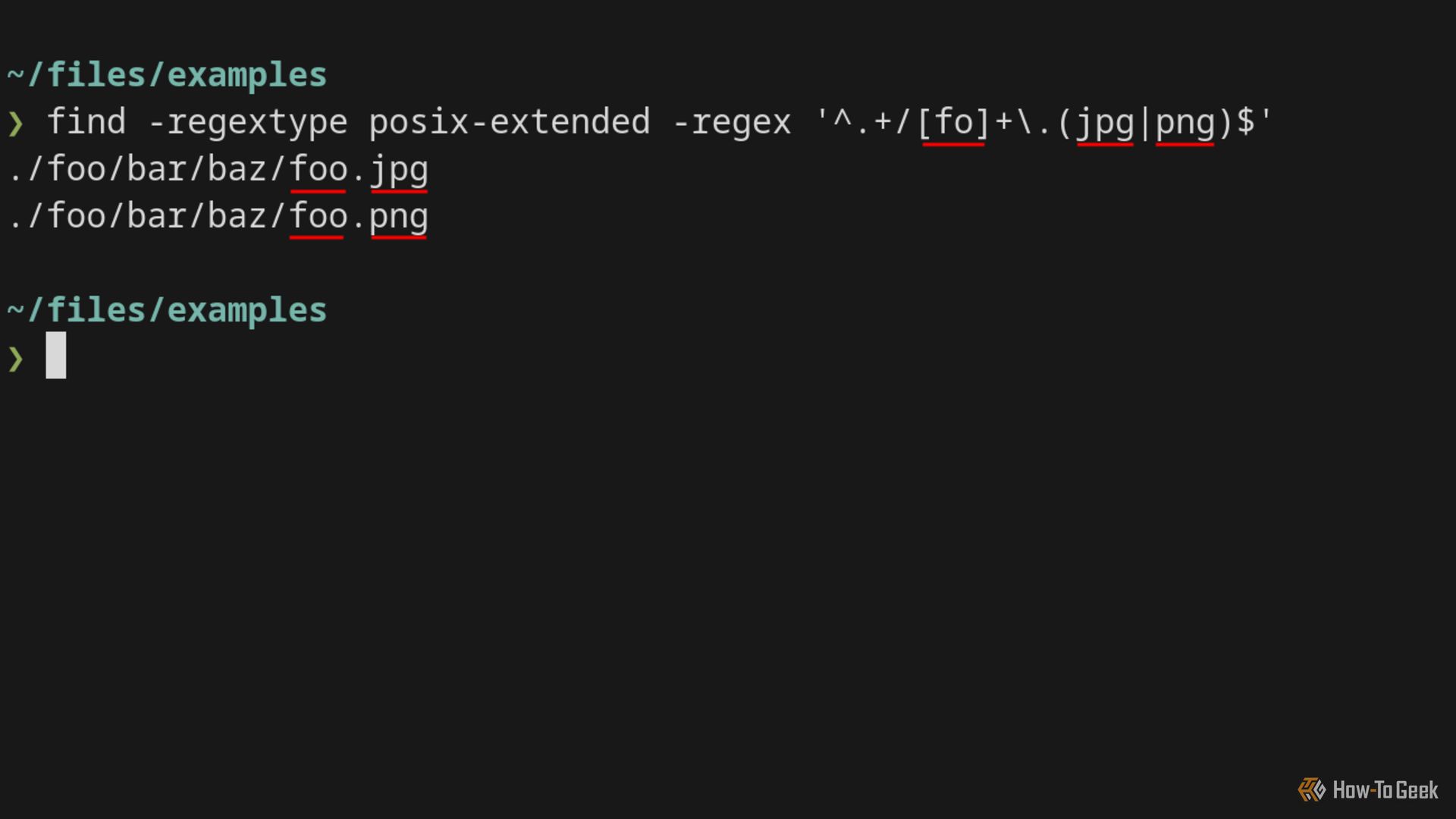 A terminal displays the find command, which matches two searched file paths using the regex and regextype flags.