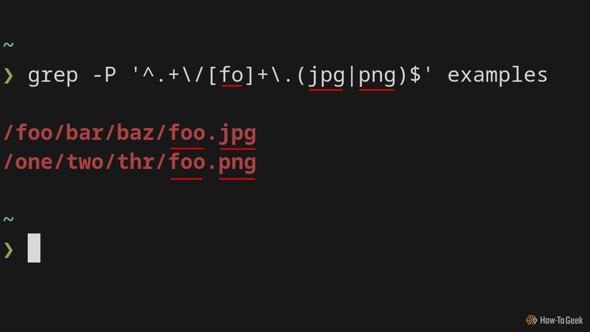 A terminal displays the grep command, which matches two file paths using the PCRE flag.