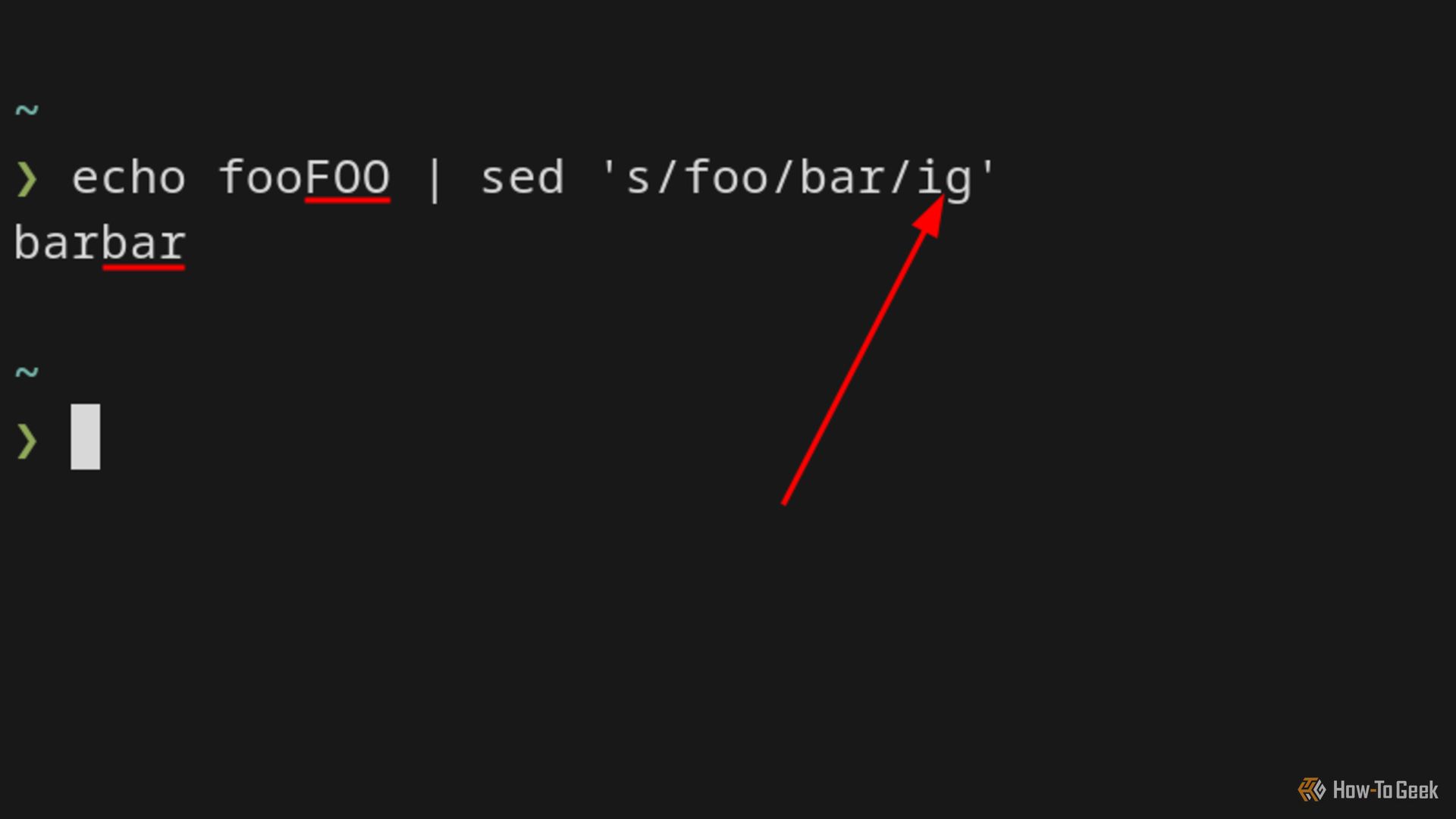A terminal window displays an echo command that outputs a word to sed. The word is two joined lowercase and uppercase foos. The sed command also has a modifier: i. The sed command replaces both uppercase and lowercase foos with bar.
