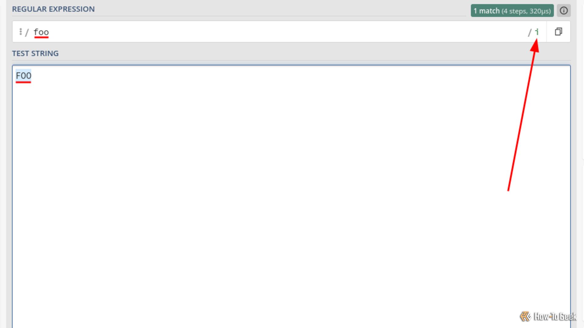A web page displays two boxes: pattern and result. At the end of the pattern box is the modifier: i. A red arrow points to it. The pattern is lowercase foo, and the highlighted result is an uppercase foo.