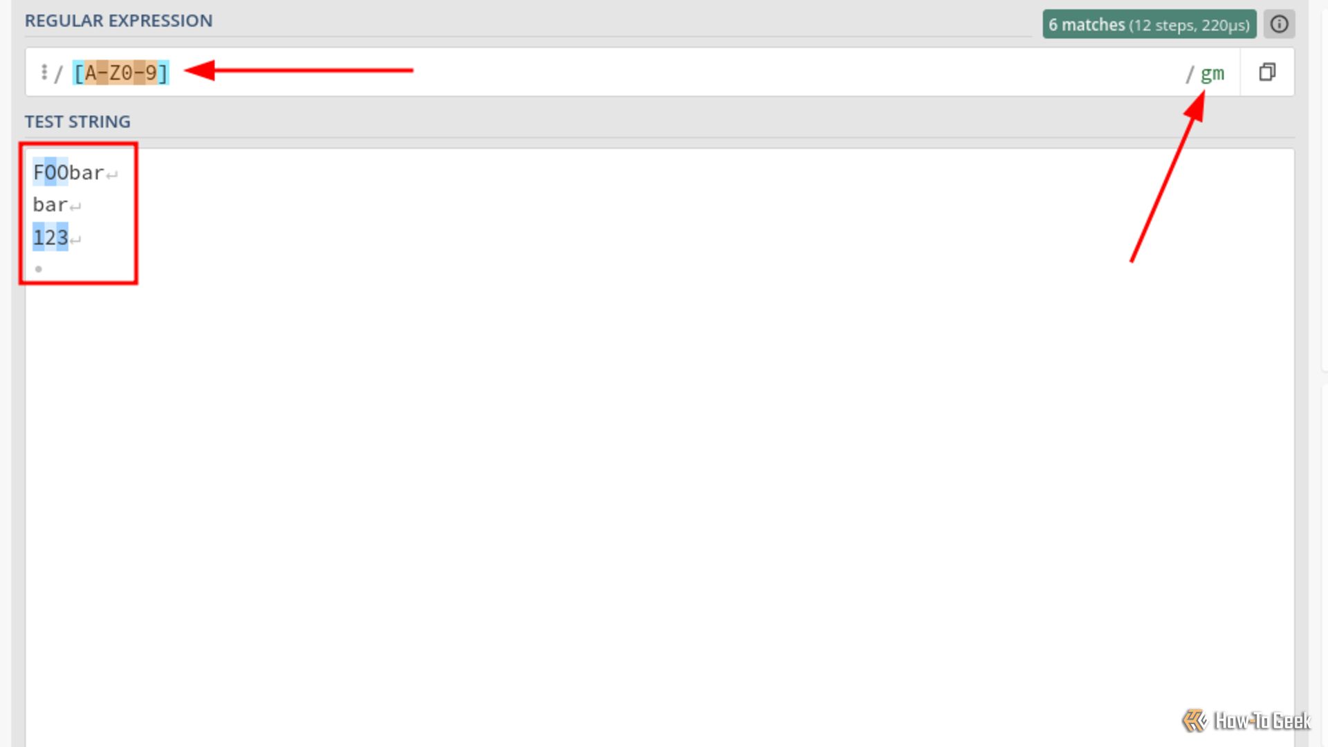 A web page that displays two boxes: pattern and results. In the pattern box is a character class that defines a range of uppercase characters and a range of numbers. The results box has several highlighted lines that correspond to the pattern.