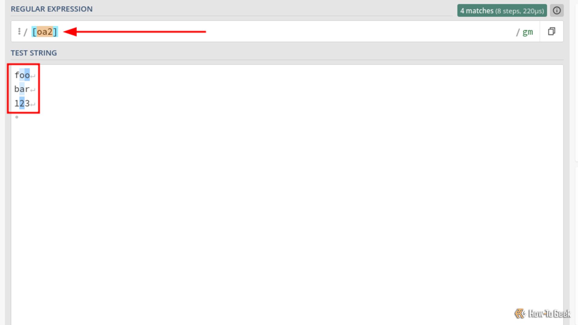 A web page that displays two boxes: pattern and results. In the pattern box is a character class with the characters o, a, and 2. The results box has several highlighted lines that correspond to the pattern.