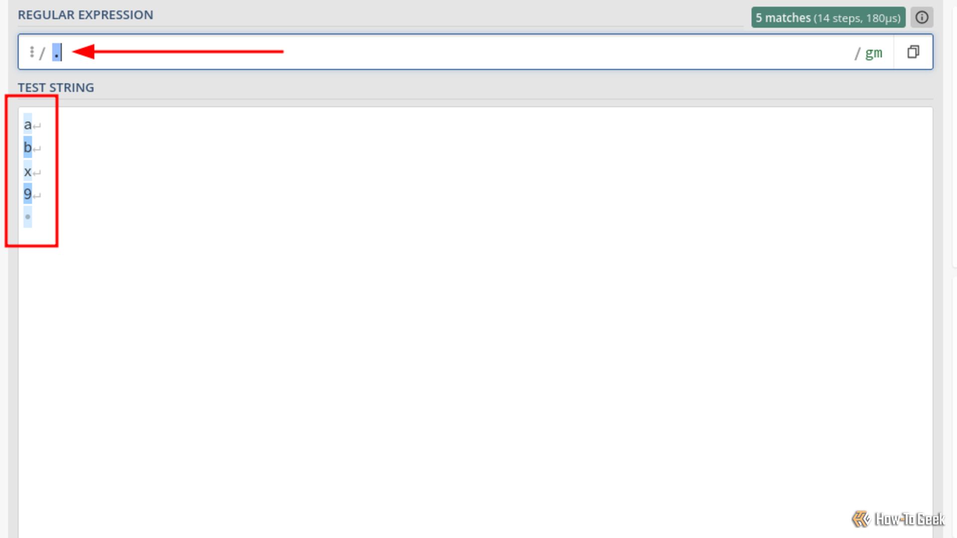 A web page that displays two boxes: pattern and results. In the pattern box is the dotall metacharacter. The pattern matches and highlights several lines in the results box.