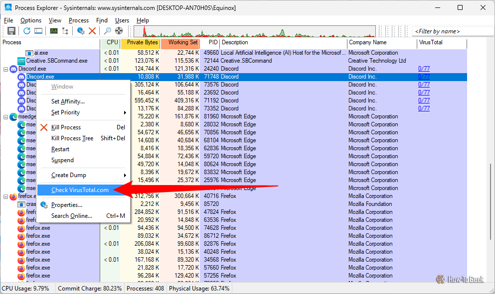 Checking Discord.exe against VirusTotal.com