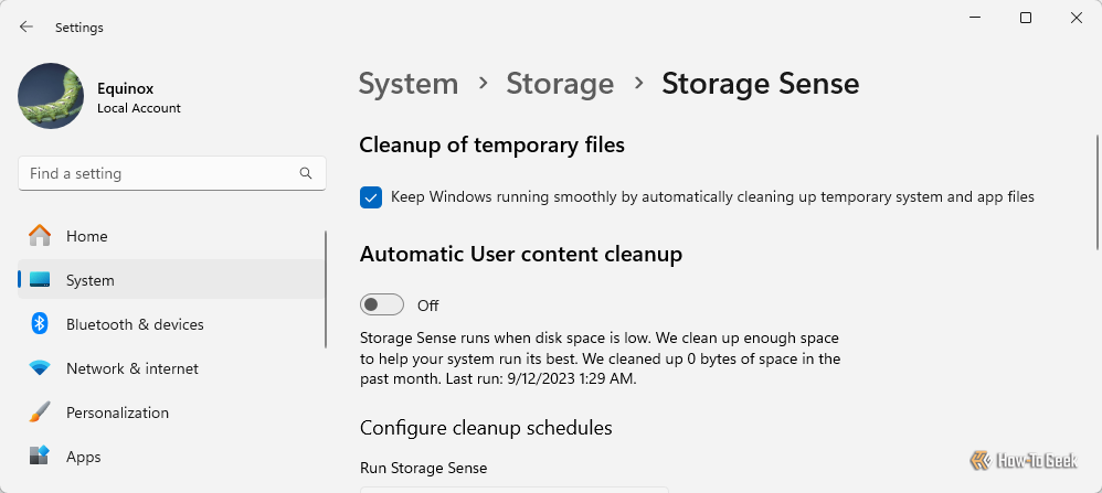 The cleanup of temporary files using Storage Sense. 
