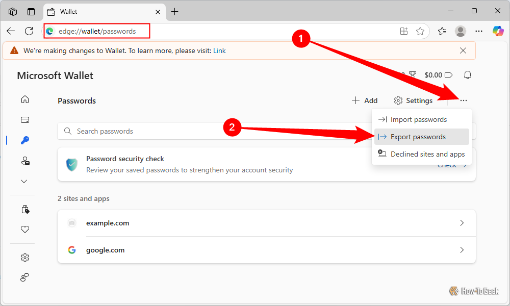 Click the three-dot menu, then select "Export Passwords."
