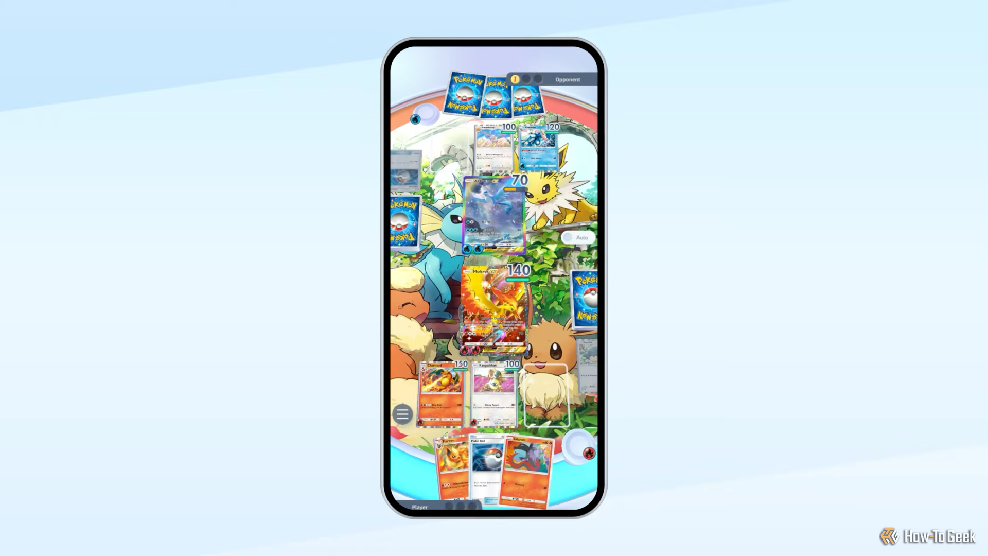 A battle between Moltres and Articuno on a board featuring Eevee in Pokemon TCG Pocket.