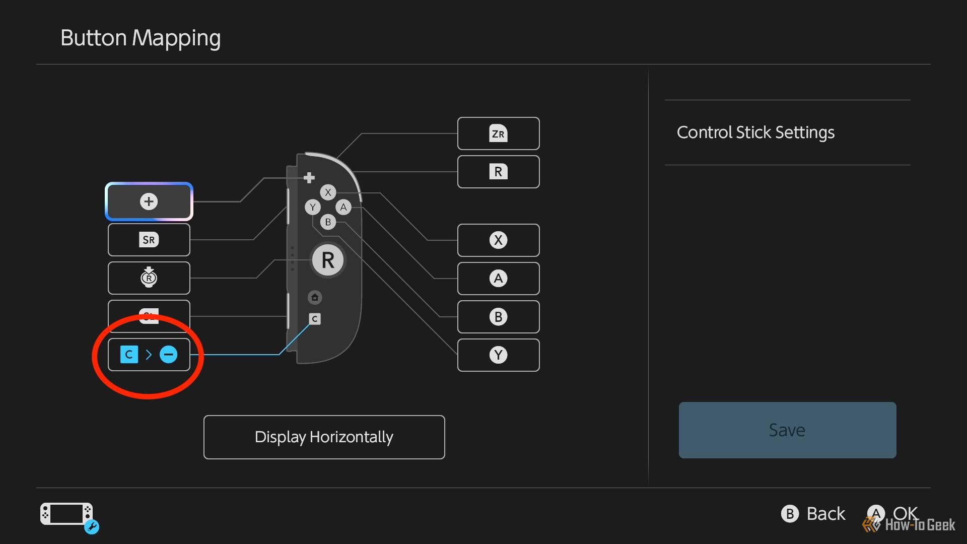 The right Joy-Con 2 button remapping with the C button circled.