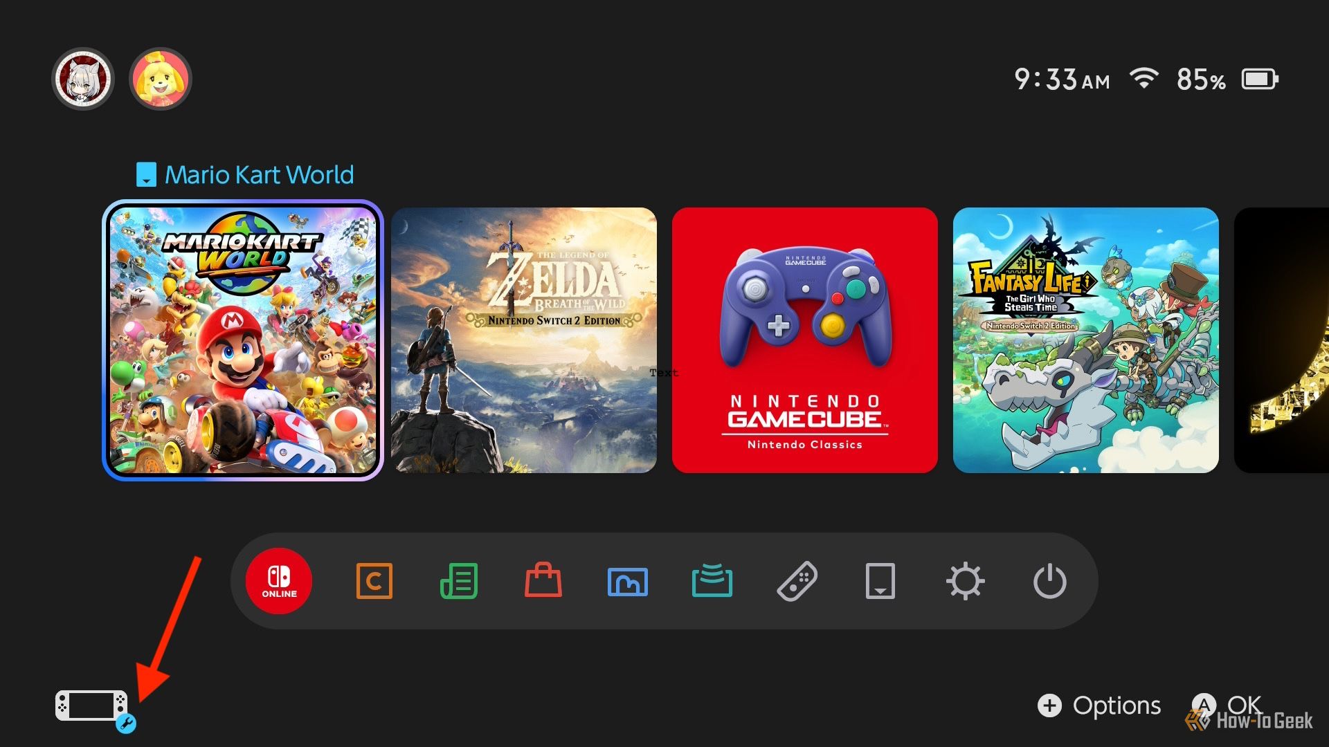 The Switch 2 home menu with an arrow pointing to the wrench icon for button mapping on the controller.