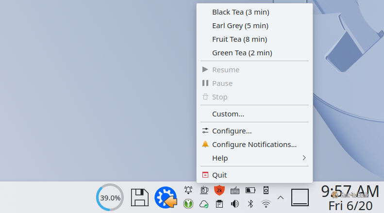 Контекстное меню виджета KTeaTime в системном трее KDE Plasma.