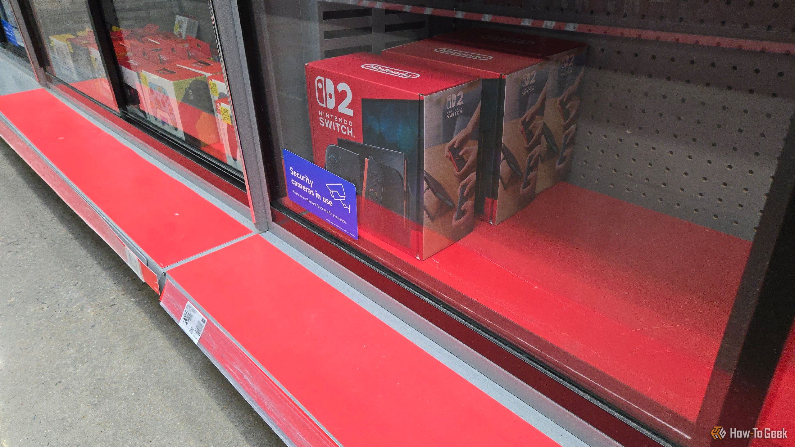 Nintendo Switch 2 consoles in stock on a store shelf.