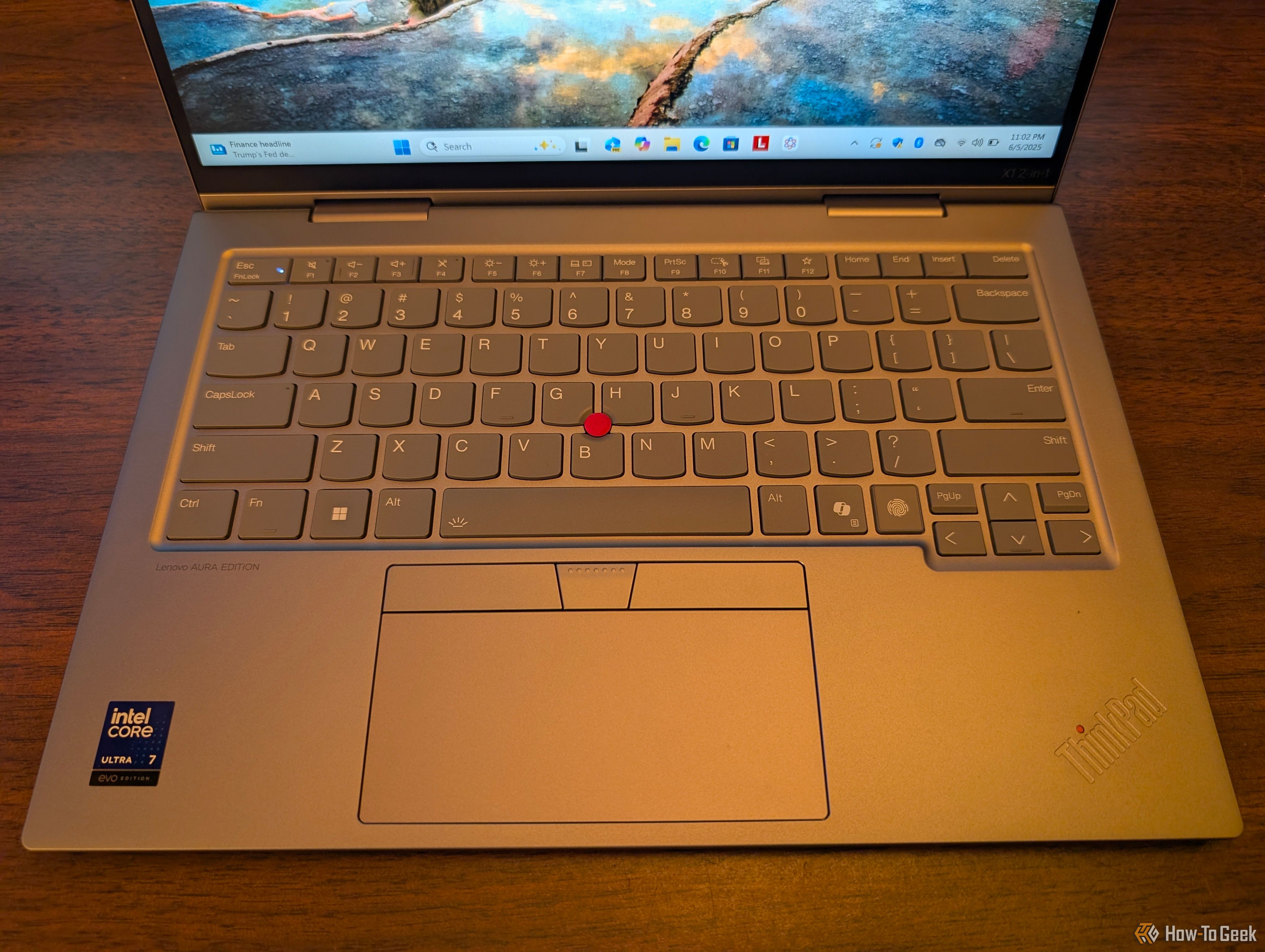 The keyboard and trackpad of the Lenovo ThinkPad X1 2-in-1 Gen 10 Aura Edition.