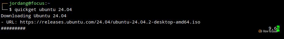 QuickEMU quickget command with a progress bar showing the download of an Ubuntu image file.