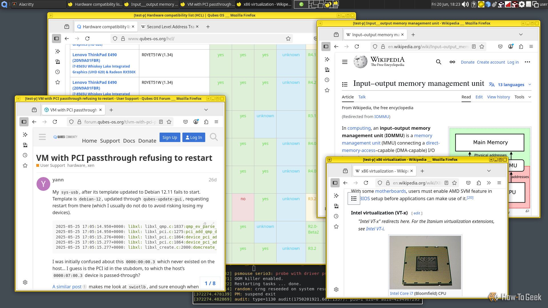 Several browser windows are open on a Qubes desktop that indicate a busy research session. The topic for research is virtualization hardware.