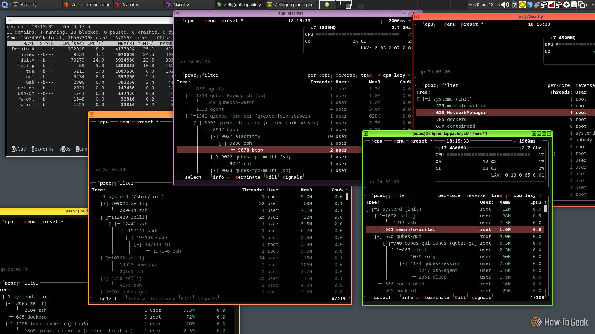 Several terminal windows displaying system resource monitors are open on a Qubes desktop. These windows illustrate the duplication of processes within multiple virtual machines.