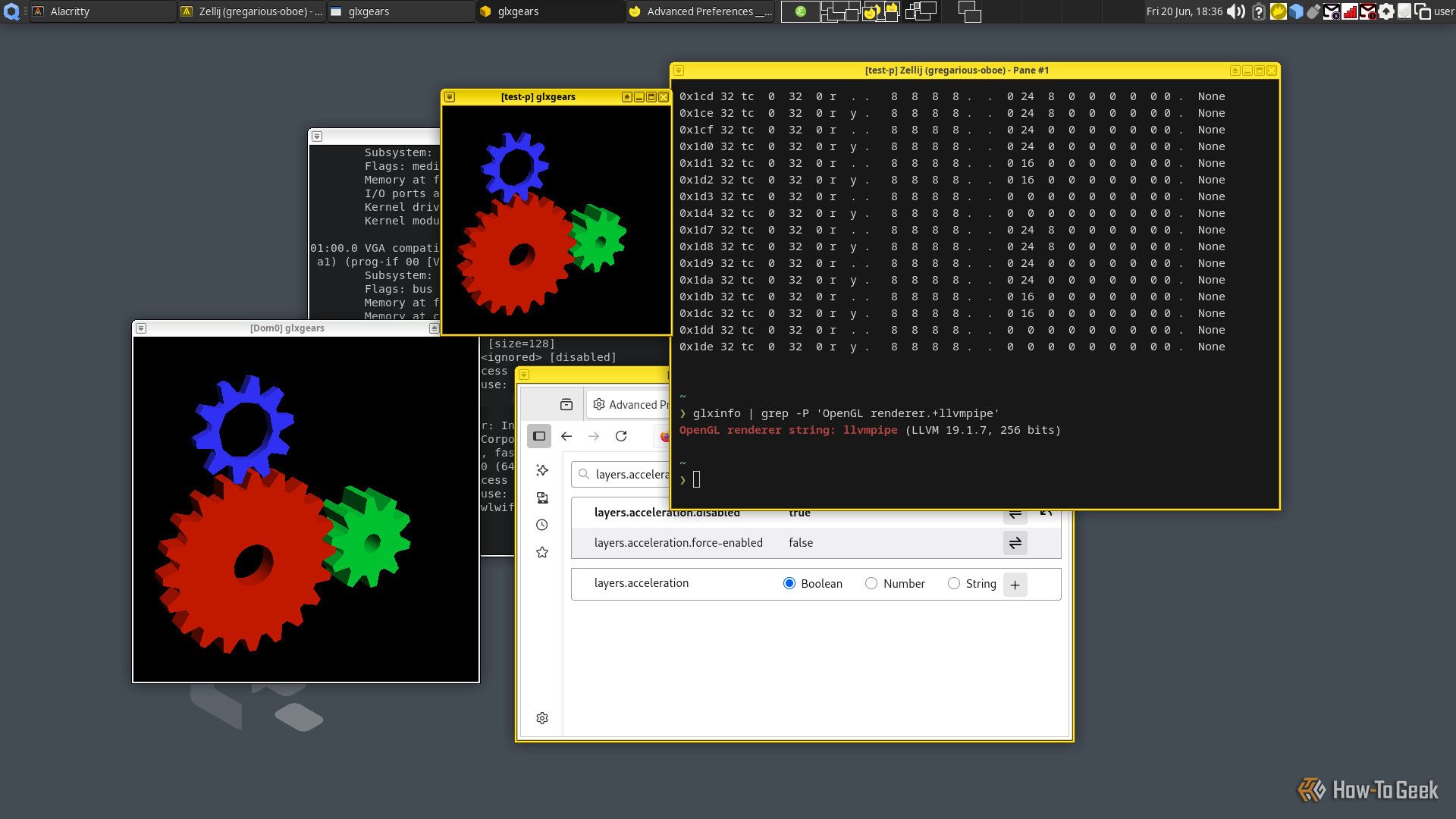 Several windows are open on a Qubes desktop related to graphics. Some windows display glxgears, and others display graphics information.