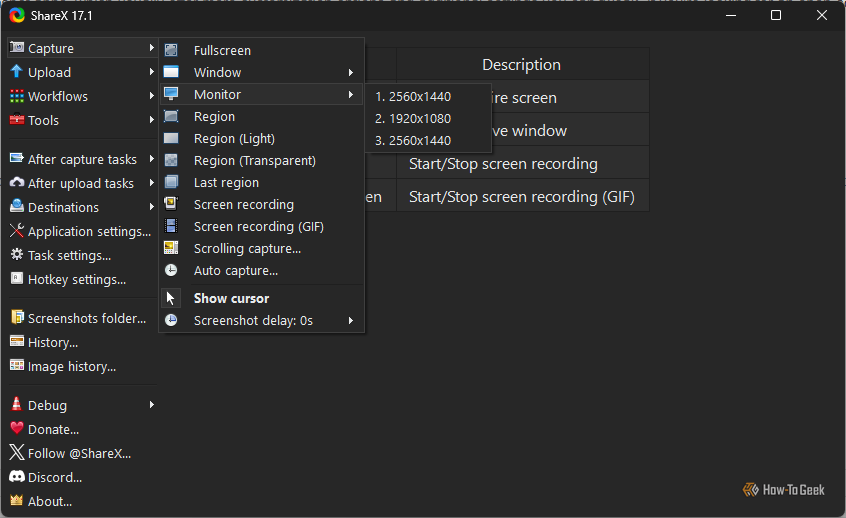 Some of the basic capture options included in Sharex by default. 