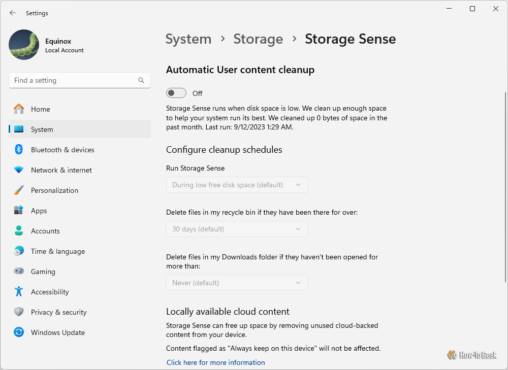 The Storage Sense options on Windows 11. 