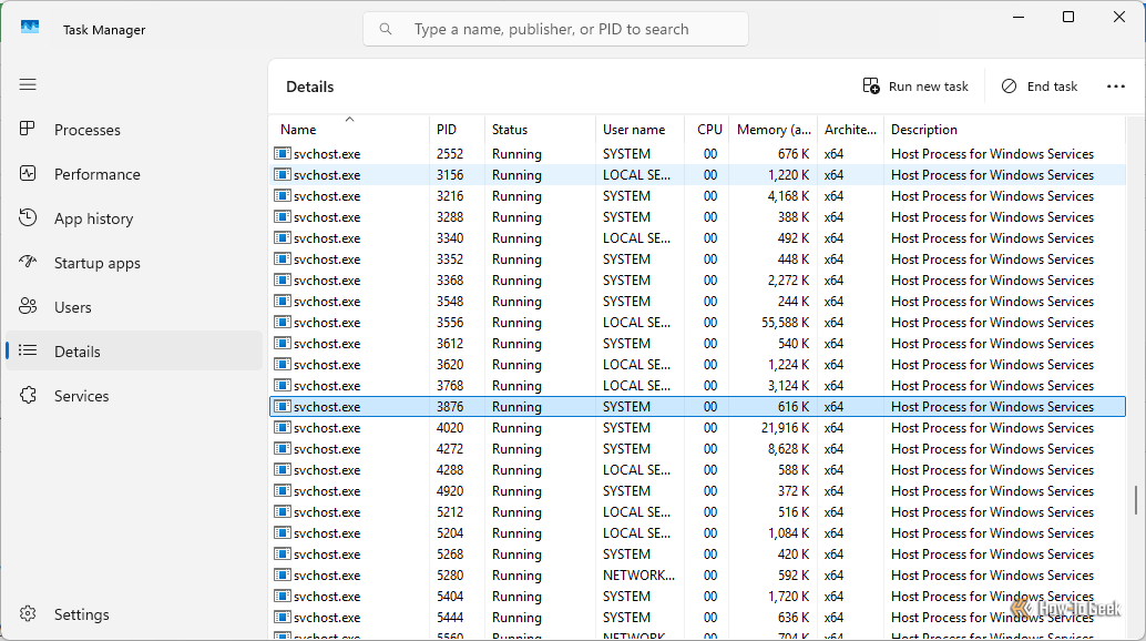 A long list of ambiguous svchost.exes running in Task Manager. 