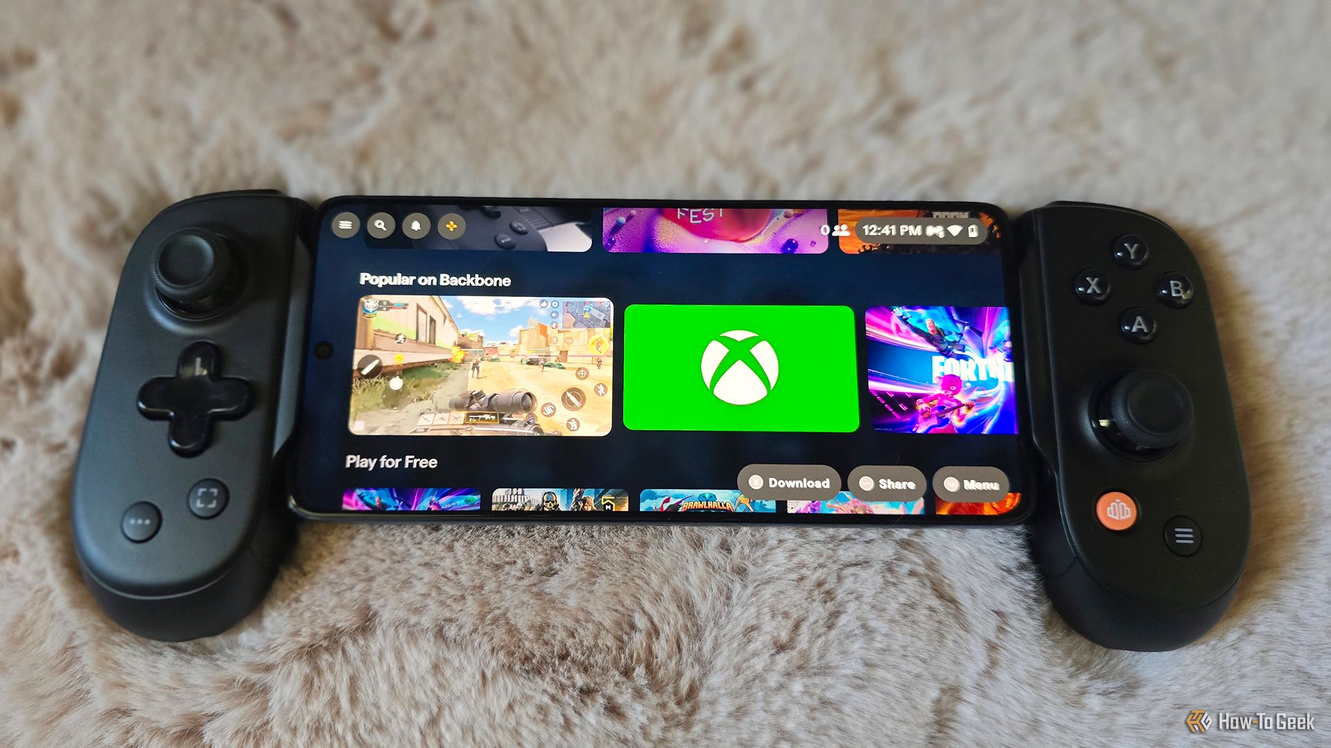 The Backbone app open on a mobile phone connected to the Backbone Pro controller.