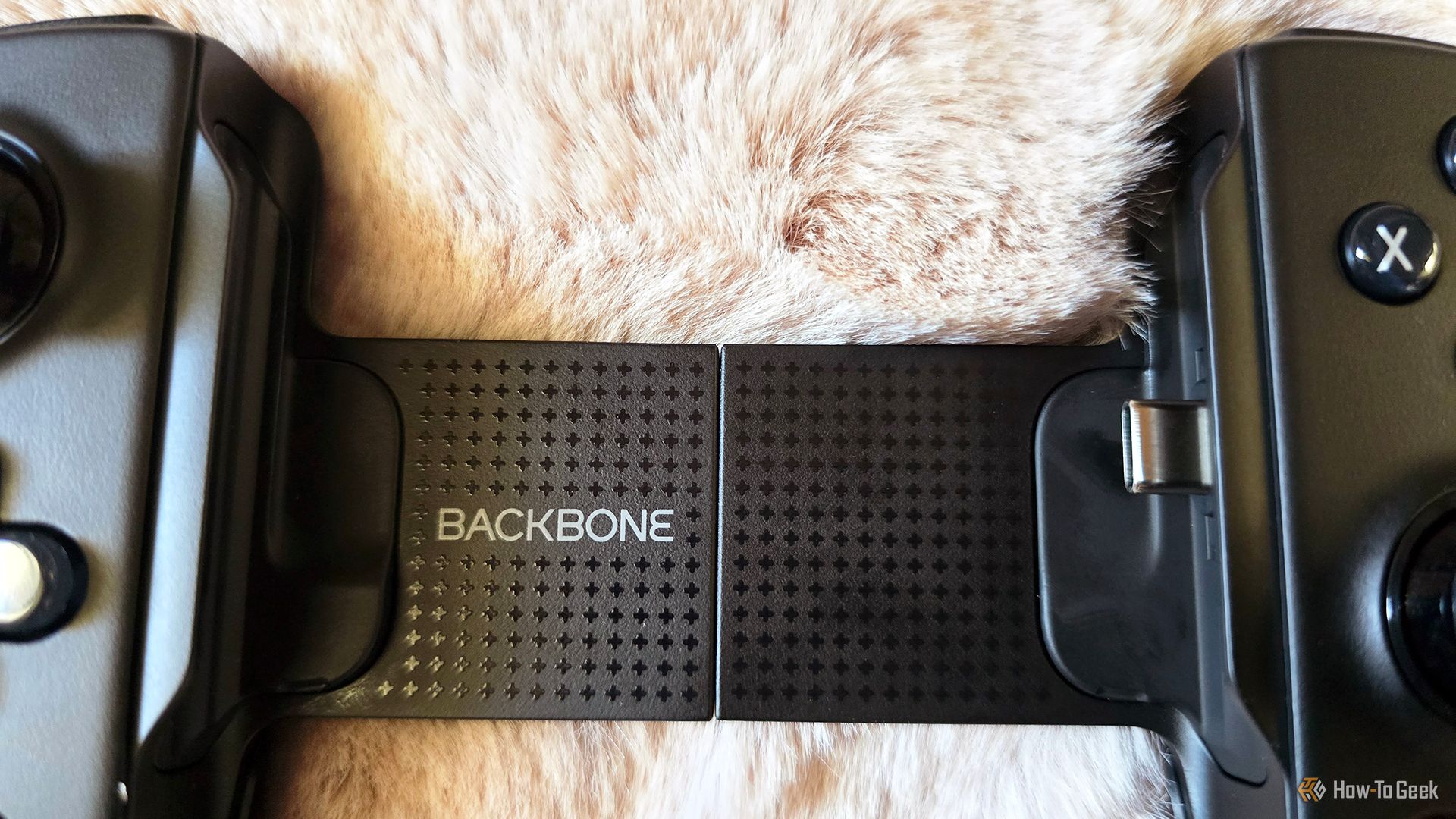 The Backbone logo on the Backbone Pro mobile and cloud gaming controller.