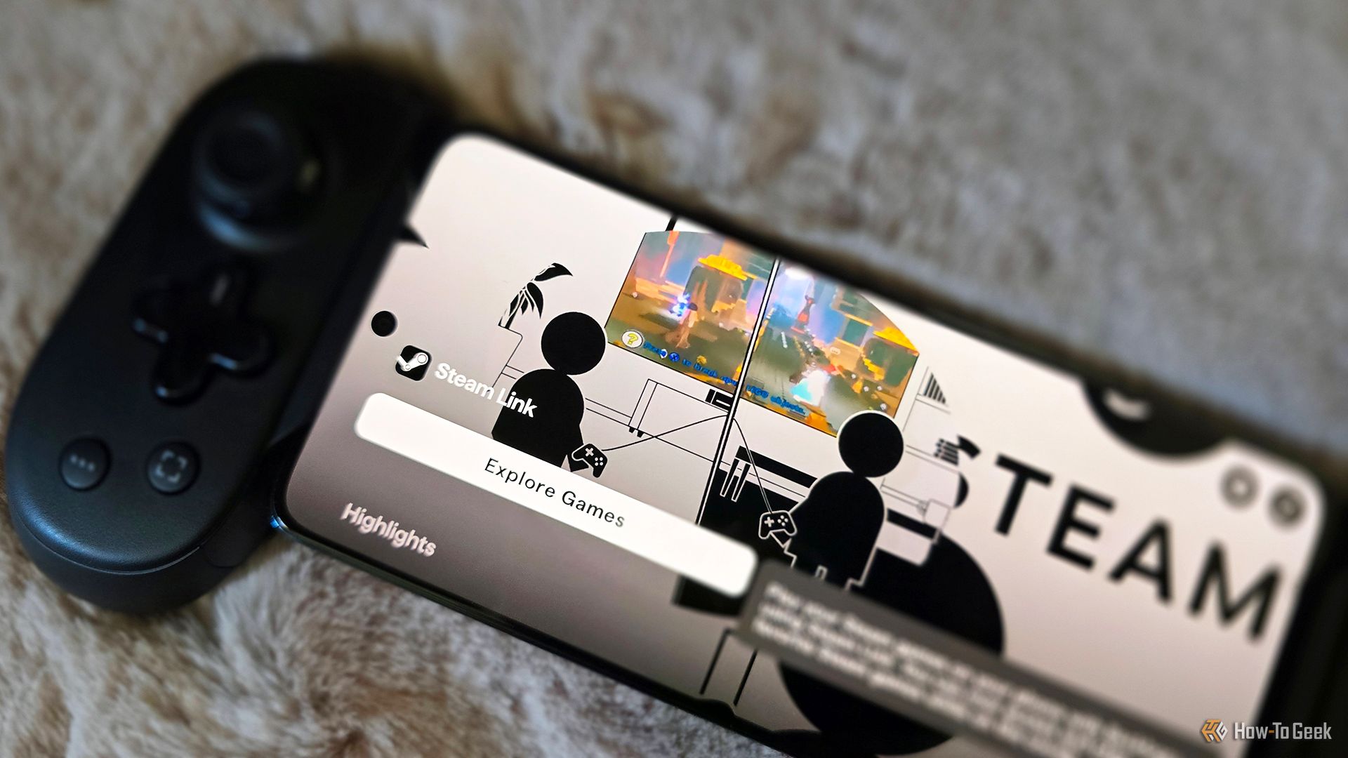 The Backbone Pro controller with the Steam Link page open on a mobile phone.
