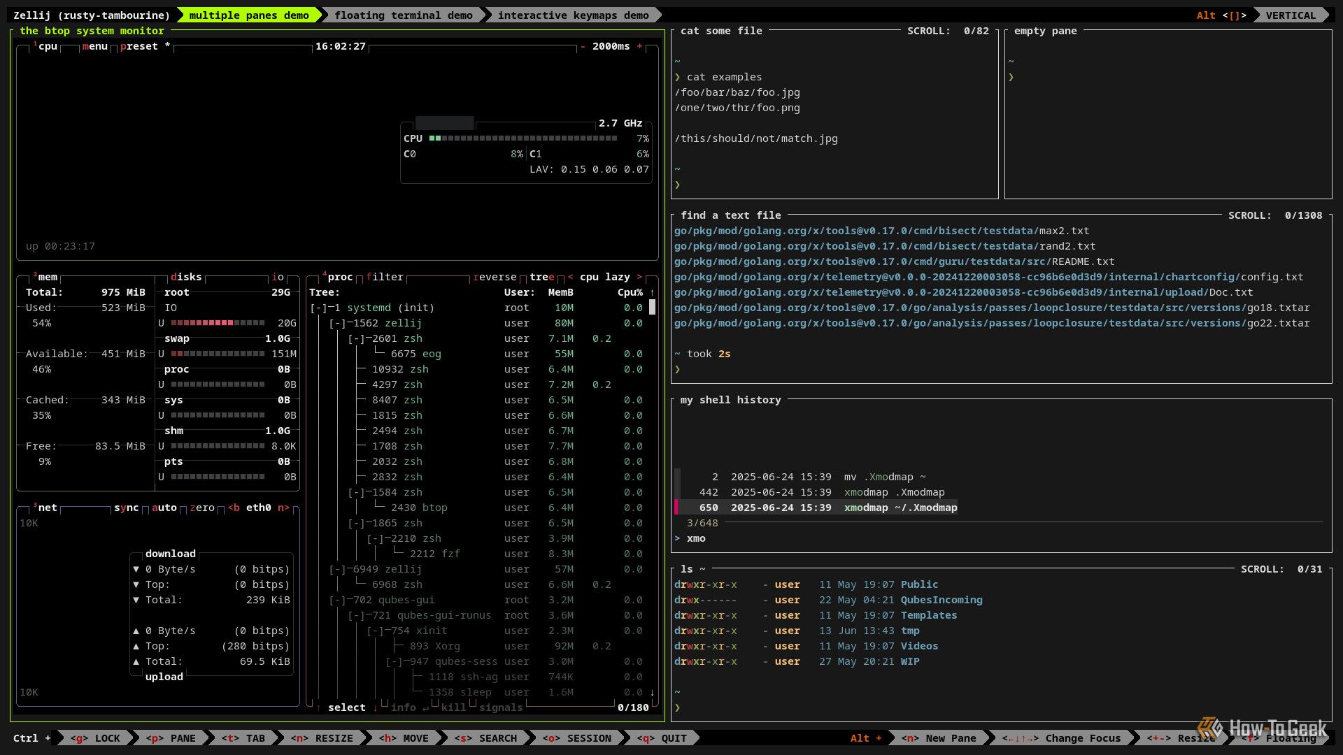 The Zellij program is opened in a terminal window, split into multiple panes. There's one big pane on the left, and on the right there are multiple smaller panes stacked vertically. Each pane is performing a separate task.