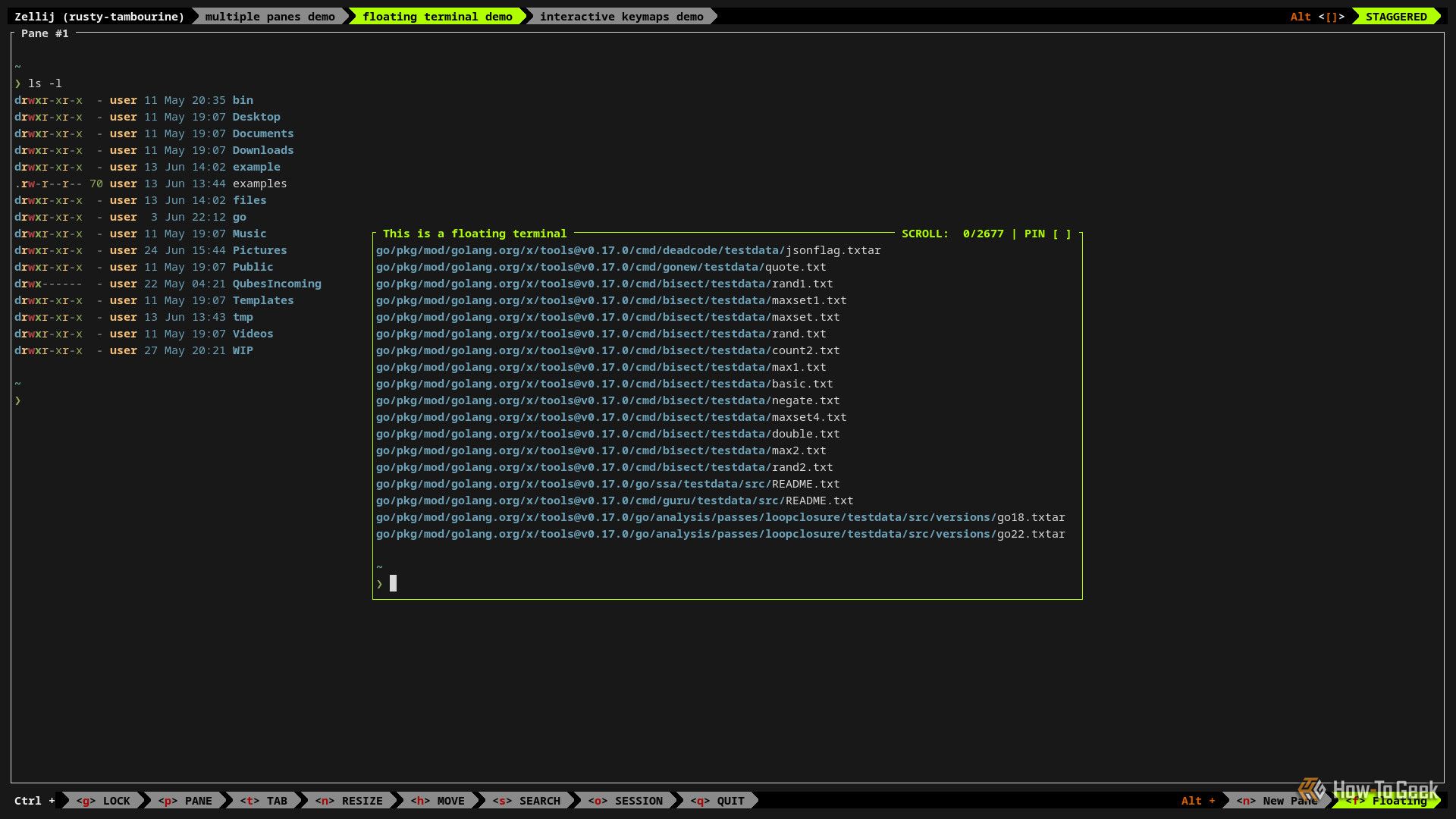 The Zellij program is opened in a terminal window, with a small box in the middle. The box is a floating virtual termina.