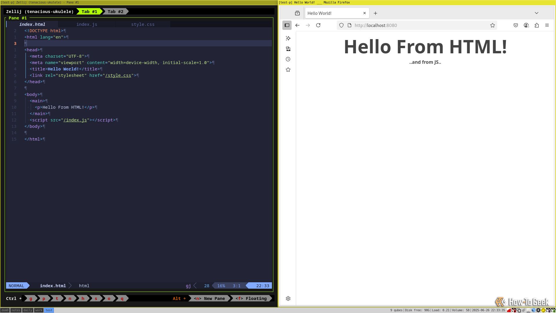 There are two windows open: on the left is a code editor with HTML code in it; on the right is a web browser that reflects the rendered code.