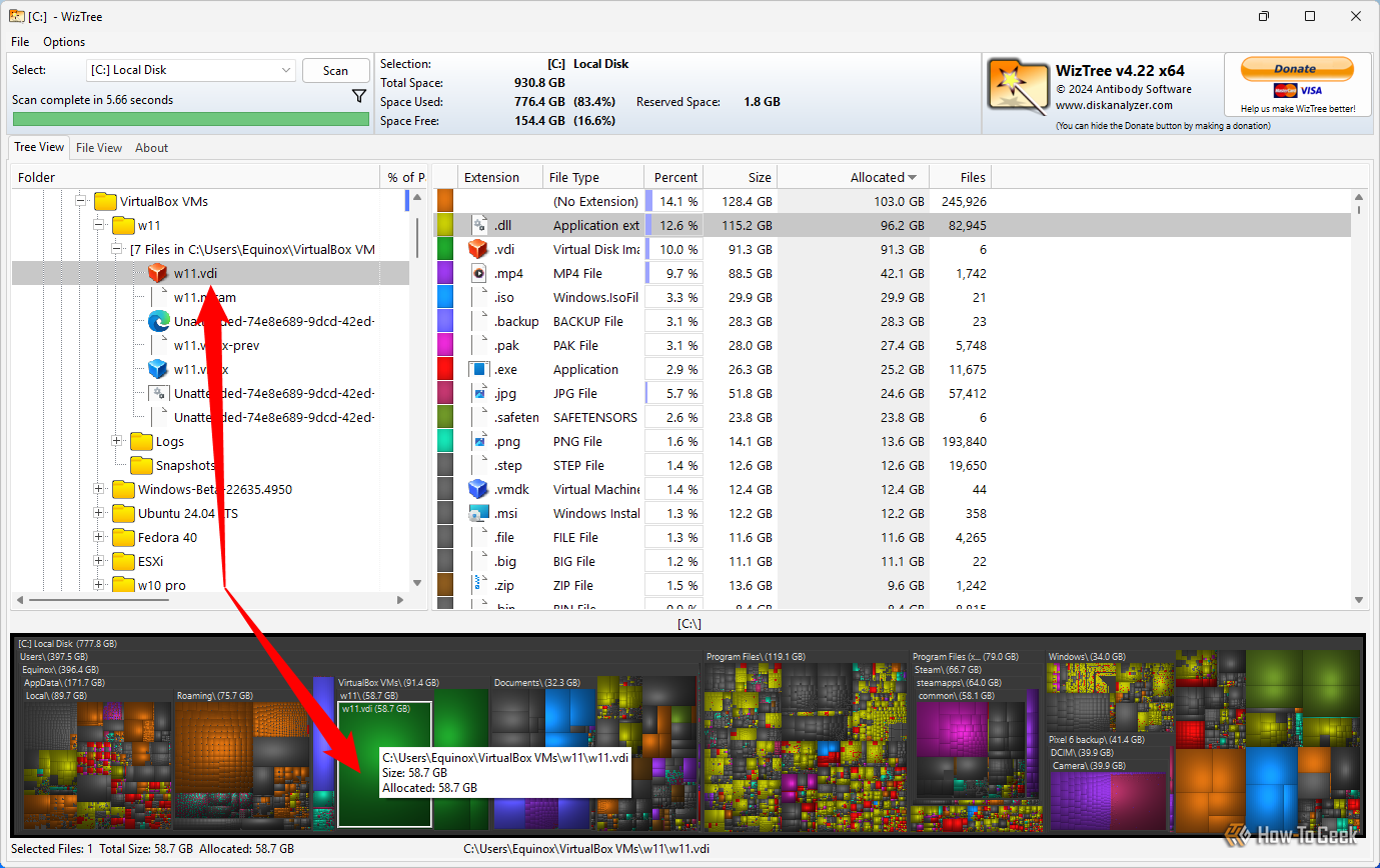 Selecting a VDI file in WizTree. 