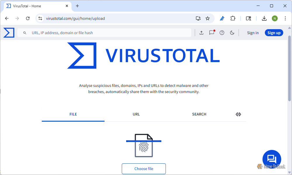 The VirusTotal homepage. 