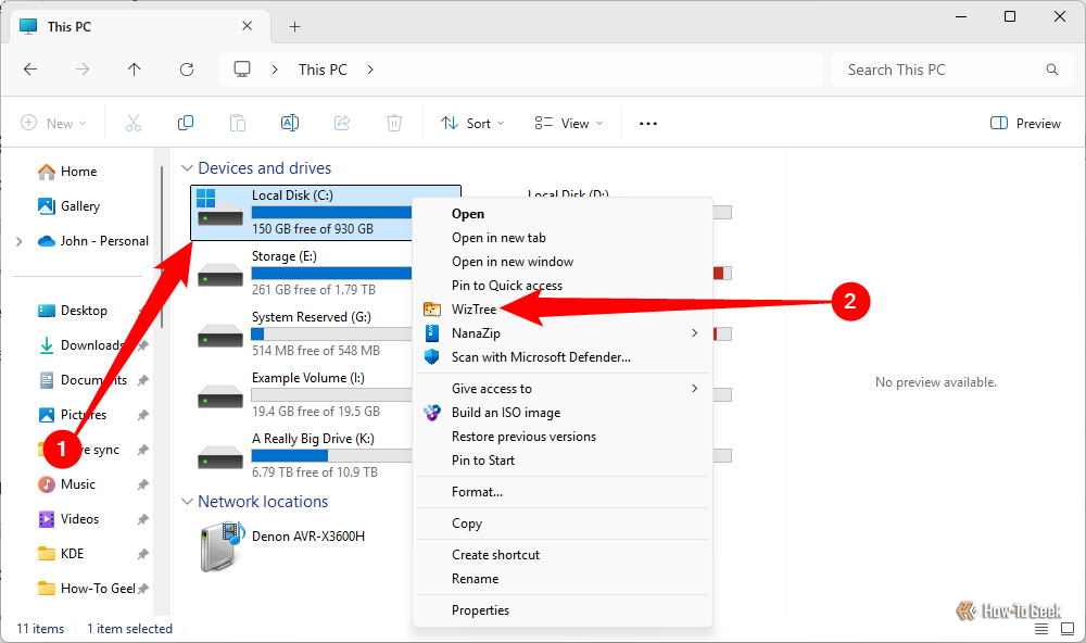 Right-click the drive you want to scan, then select "WizTree." 