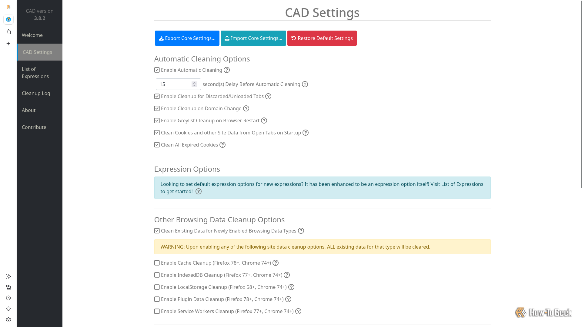 A browser window displays the Cookie AutoDelete extension options page, showing various settings and features for managing the extension.