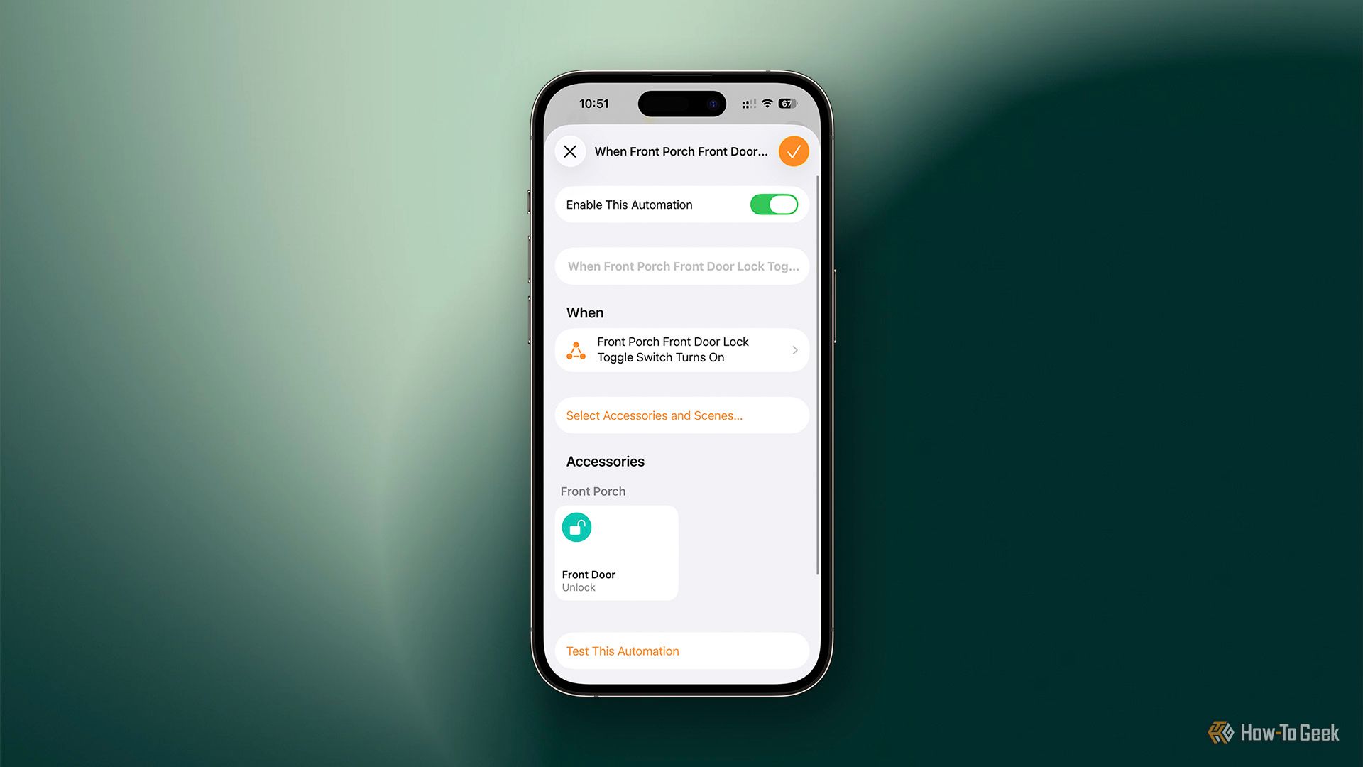 A HomeKit automation set up to unlock a door when a toggle switch is turned on.-1