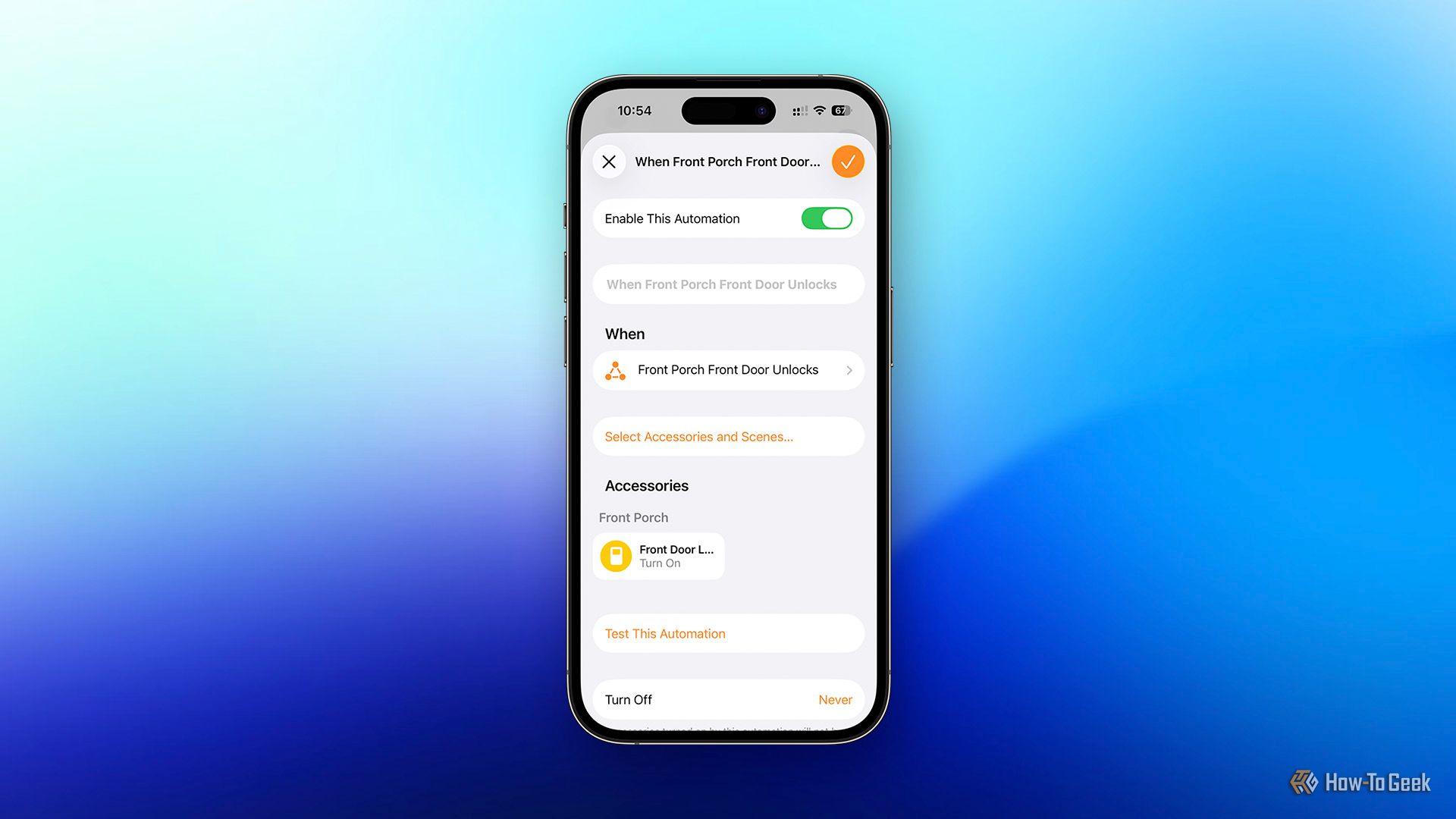 A HomeKit automation that turns on a toggle when a door is unlocked.