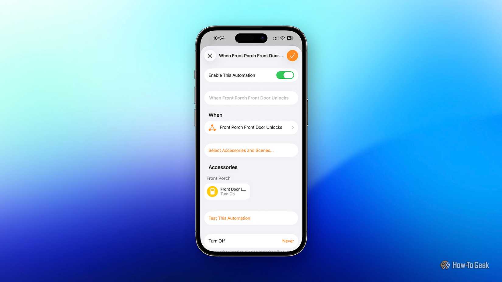 A HomeKit automation that turns on a toggle when a door is unlocked.