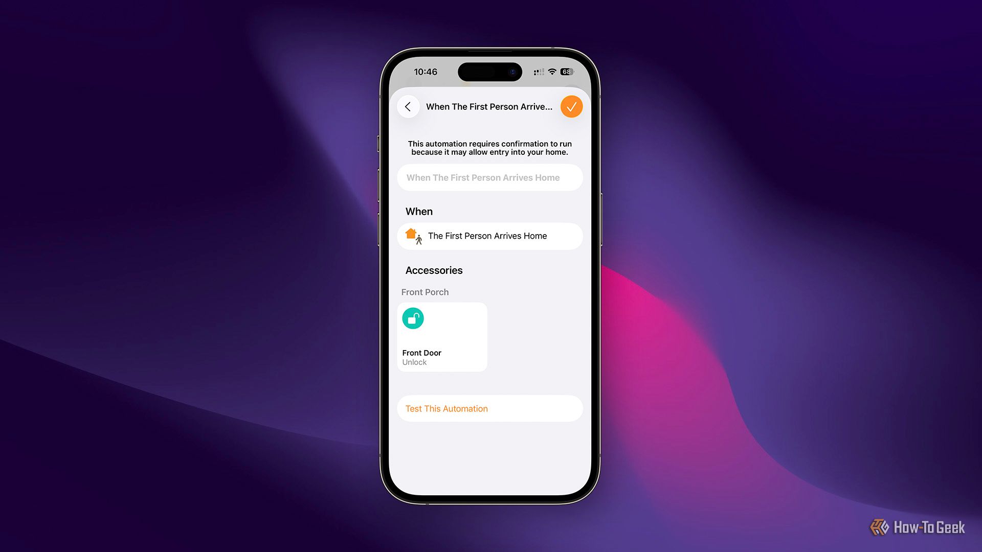 A new automation being made in the Apple Home app that would auto unlock the front door when the first person arrives home.