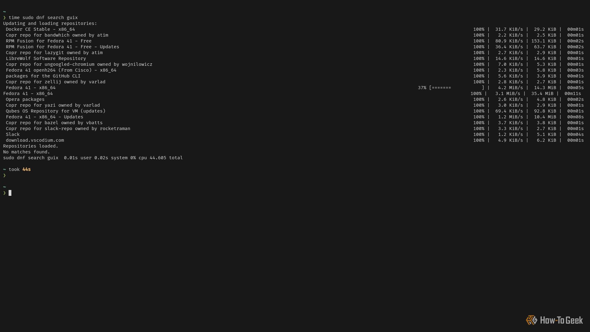 A terminal window displays the connection statuses for 15 separate DNF repositories. The entire session took 44 seconds to complete.