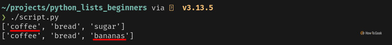 A terminal window displays the output for Python code. It shows that direct assignment changes the contents of a list.